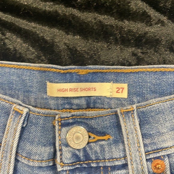 High Rise Blue Ripped Levi Shorts - Picture 2 of 5